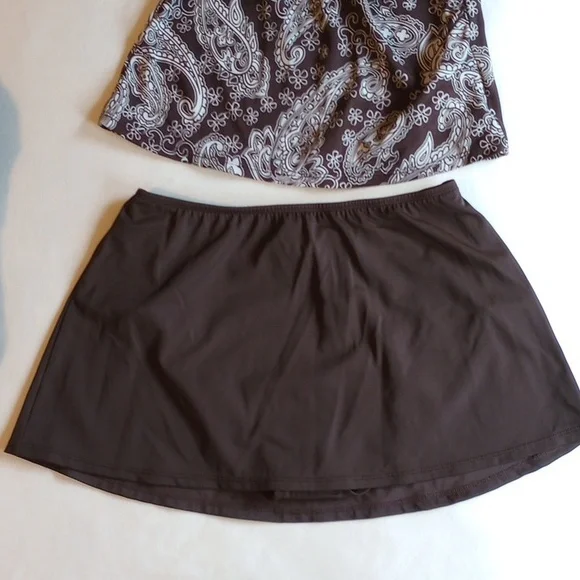 *50off3* Jantzen Tankini Set Top Skirted Bottoms 8 Brown White Paisley - Picture 4 of 10